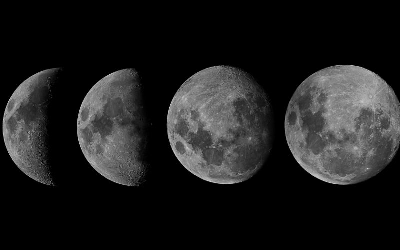 A sequence of lunar phases from crescent to full moon.